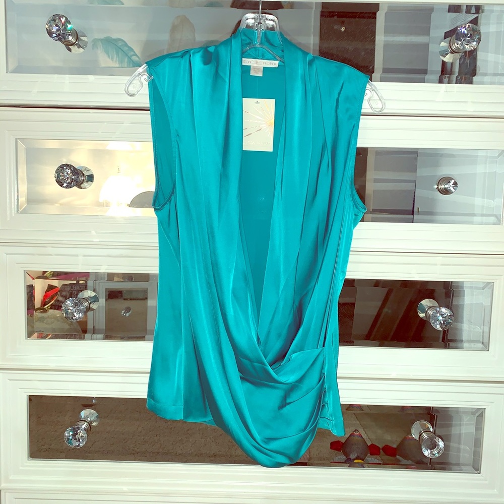 Faux wrap silky sleeveless top